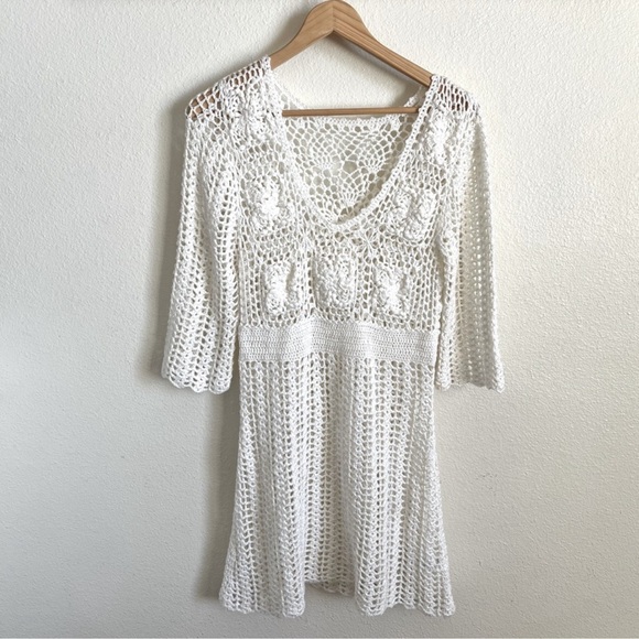 Vintage White Bohemian Y2K 90s White Crochet Bell Sleeves Mini Dress - Picture 5 of 12
